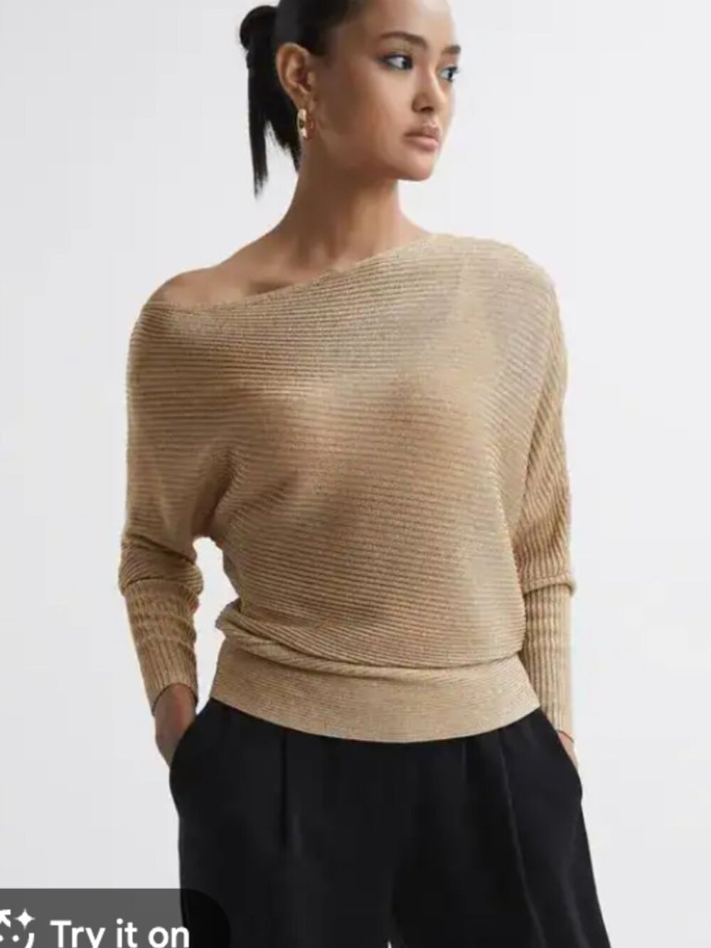 Reiss Louisa Asymmetric Drape Knitted Top sweater gold holiday sparkle s small